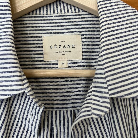 SEZANE Tomboy Button Down Collared Shirt Blue / Ecru Stripe 34 - Picture 5 of 6
